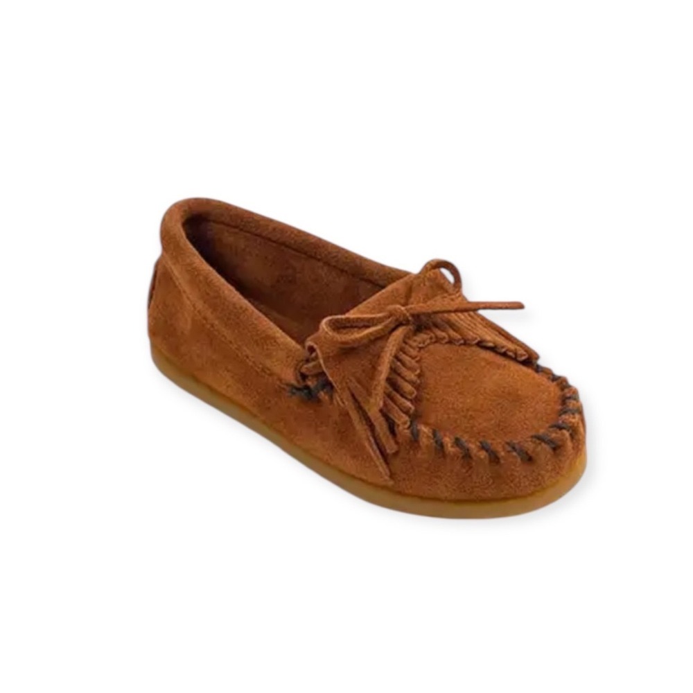 Minnetonka Kids Kilty Brown Hardsole Moccasins Soft Suede, Fringe, Rubber Sole 9